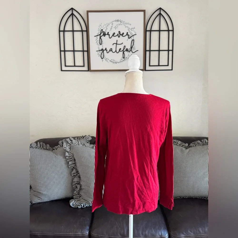 J Jill Bright Red Long Sleeve Crew Neck Sweater Size M Washable 100% Merino Wool